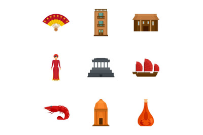 Vietnam tradition icon set, flat style