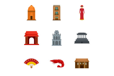 Vietnam building icon set, flat style