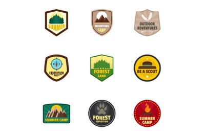 Camp logo emblem set, flat style