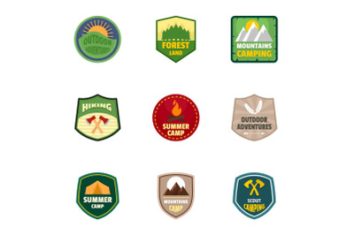 Summer camp logo emblem set, flat style