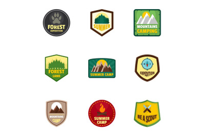 Camp expedition logo emblem set, flat style