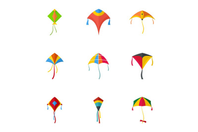 Flying kite icon set, flat style