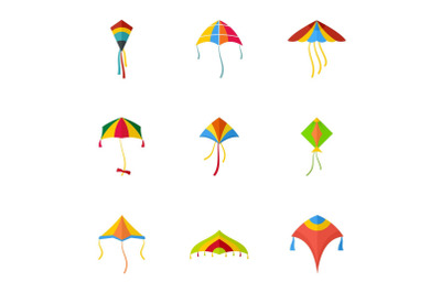 Colorful kite icon set, flat style