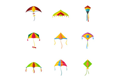 Cute fly kite icon set, flat style