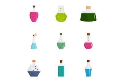 Potion bottle icon set, flat style