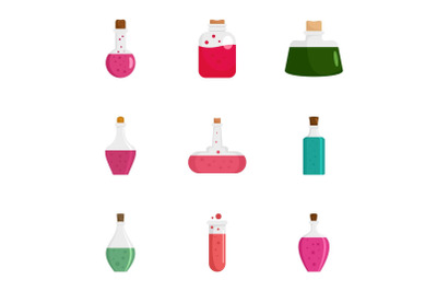 Potion magic bottle icon set, flat style