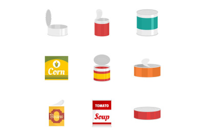 Tinned can icon set, flat style