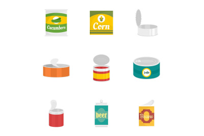 Conserve food icon set, flat style