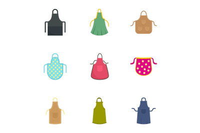 Kitchen apron icon set, flat style