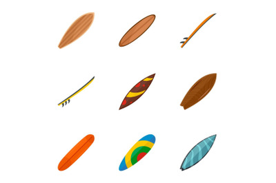 Colorful surf board icon set, flat style