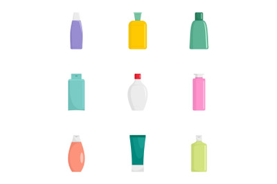 Cosmetic bottle icon set, flat style