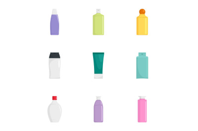 Skin care bottle icon set, flat style