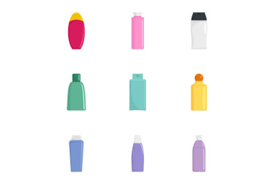 Spa cosmetic bottle icon set, flat style