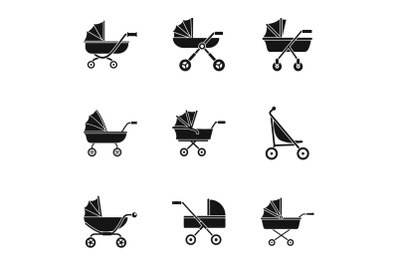 Baby pram icon set, simple style