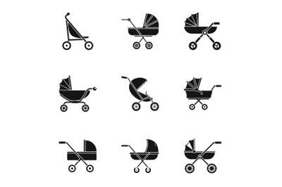 Pram stroller icon set, simple style