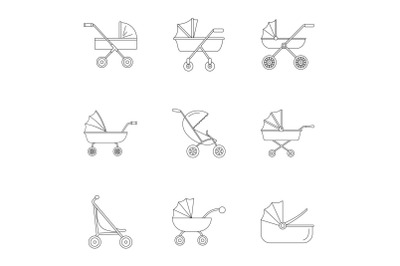 Baby pram icon set, outline style