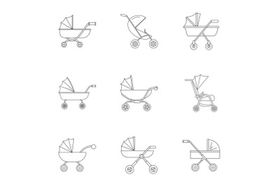 Pram icon set, outline style