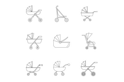 Pram stroller icon set, outline style