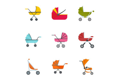 Baby pram icon set, flat style