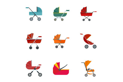 Pram icon set, flat style