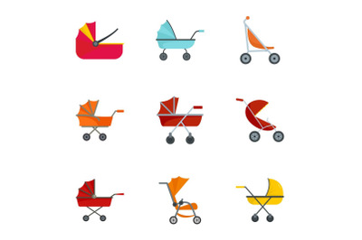 Pram stroller icon set, flat style