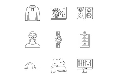 Urban rap icon set, outline style