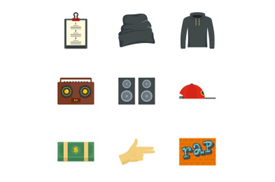 Rap icon set, flat style