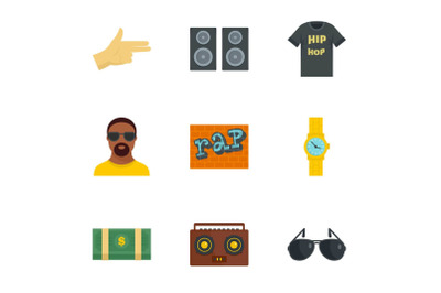 Urban rap icon set, flat style