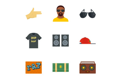 Street rap icon set, flat style