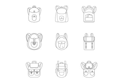 Trip backpack icon set, outline style