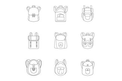 Retro backpack icon set, outline style