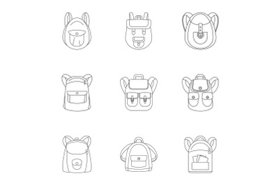 Camping backpack icon set, outline style