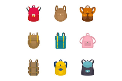 Modern backpack icon set, flat style