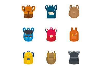 Tourist backpack icon set, flat style