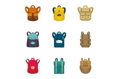 Climbing backpack icon set, flat style