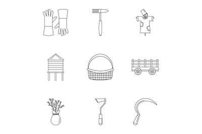 Garden icon set, outline style