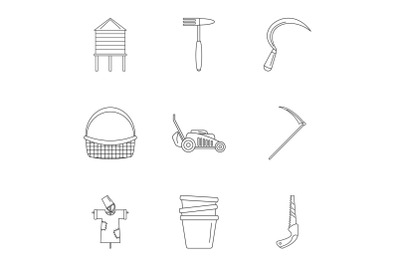 Garden tool icon set, outline style