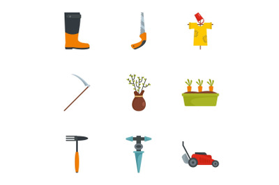 Farm tool icon set, flat style