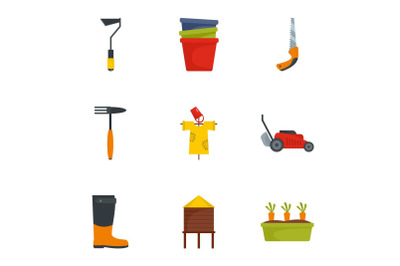 Garden tool icon set, flat style