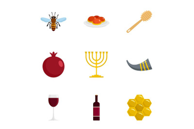 Jewish holiday icon set, flat style