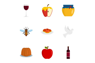 Judaism holiday icon set, flat style