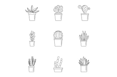Succulent cactus icon set, outline style