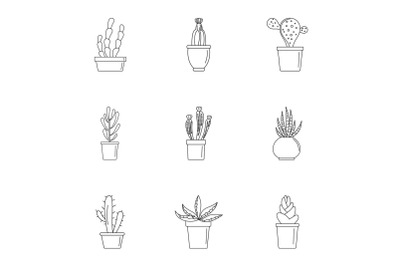 Home cactus plant icon set, outline style