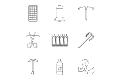 Modern contraception icon set, outline style