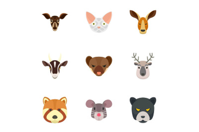 Zoo animal icon set, flat style