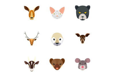 Animal head icon set, flat style