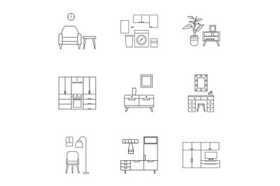 Home furniture icon set, outline style