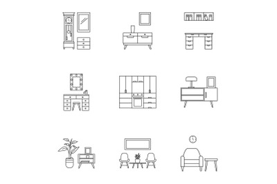 Modern home furniture icon set, outline style