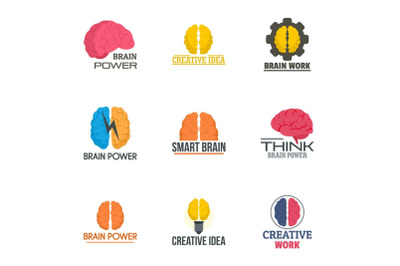 Brain innovation logo set, flat style