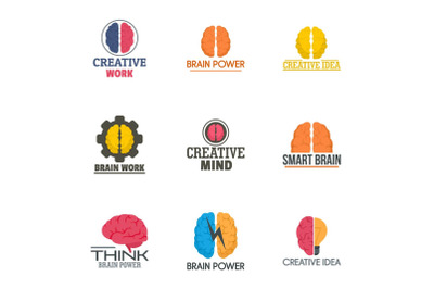 Creative brain work logo set, flat style